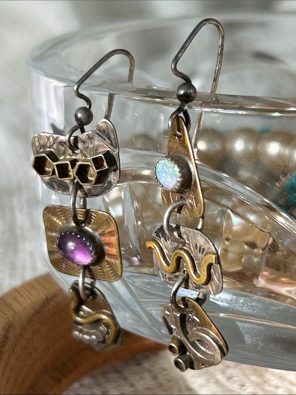 Opal and Purple Amethyst Artisan 925 Mixed-Metal Dangle Earrings (E1) - Picture 3 of 10